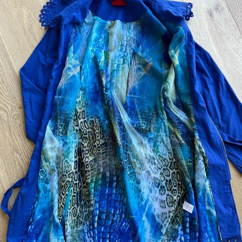 Firmiana Cobalt Blue Laser-Cut Jacket | Zip Front Belted Boho Layer - Picture 6 of 9